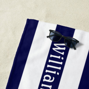 Navy Blue White Cabana Stripes Personalised Beach Towel