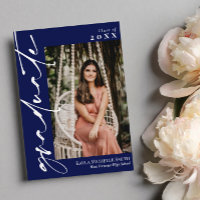Navy Blue White Calligraphy Photo Graduation