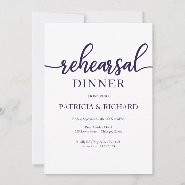 Navy Blue White Calligraphy Rehearsal Dinner Invitation (Front)