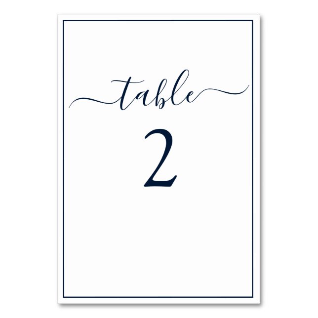Navy Blue White Calligraphy Script Elegant Wedding Table Number (Front)