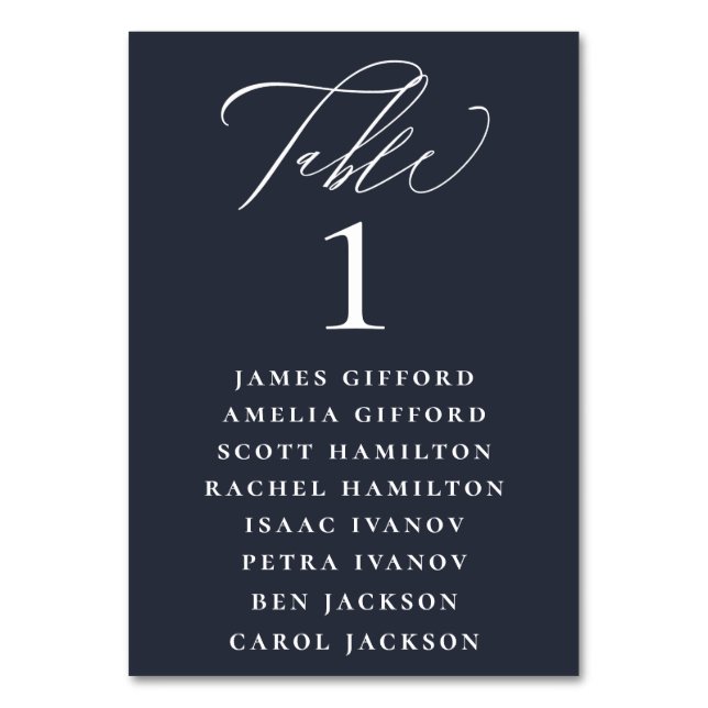 Navy Blue White Calligraphy Seating Chart Table Number (Front)