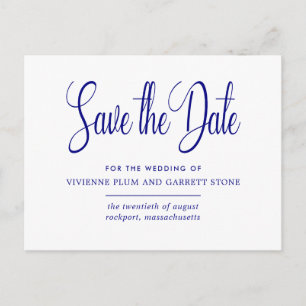 Navy Blue White Calligraphy Wedding Save the Date Invitation Postcard
