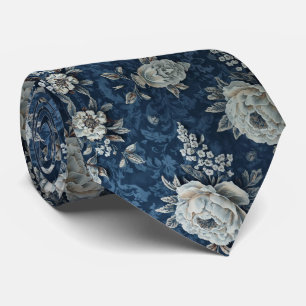 Navy Blue White Cascading Peonies Wedding  Tie