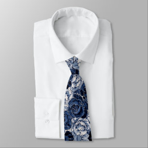 Navy Blue White Cascading Peonies Wedding Tie