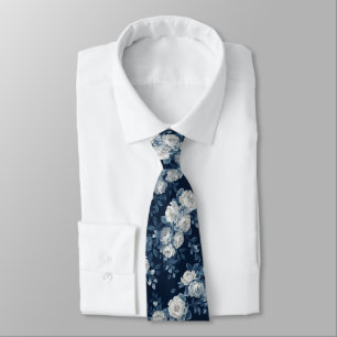 Navy Blue White Cascading Peonies Wedding  Tie