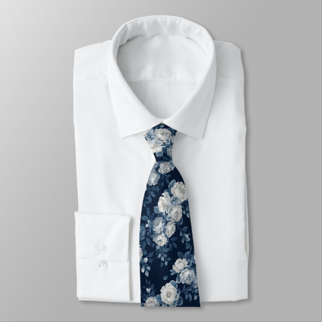 Navy Blue White Cascading Peonies Wedding  Tie (Tied)