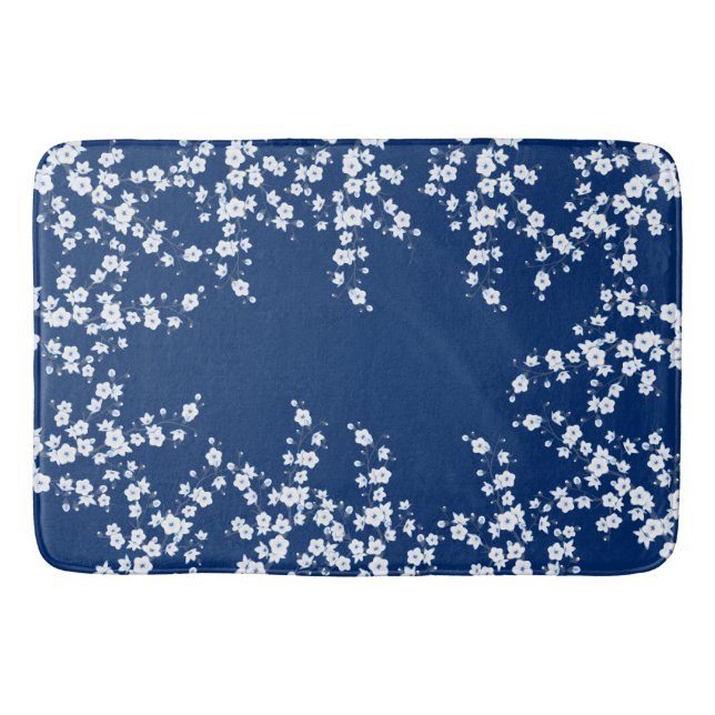 Navy Blue White Cherry Blossom  Bath Mat (Front)