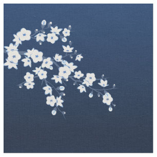Navy Blue White Cherry Blossom Pattern Fabric