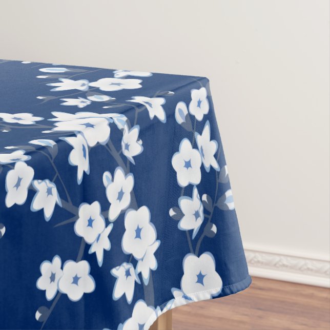 Navy Blue White Cherry Blossom  Tablecloth (In Situ)