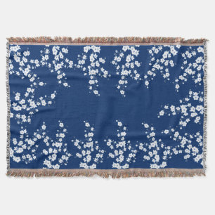 Navy Blue White Cherry Blossom Throw Blanket