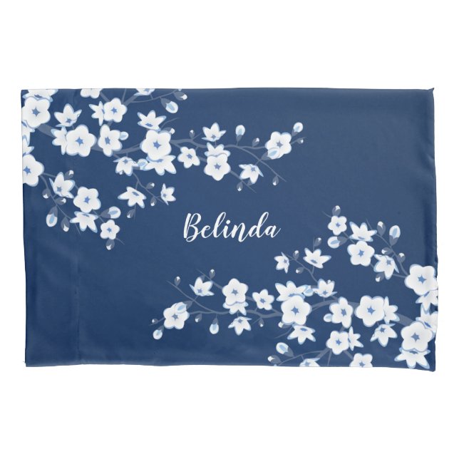 Navy Blue White Cherry Blossoms Monogram Pillowcase (Front)
