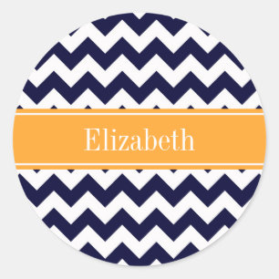 Navy Blue White Chevron Cantaloupe Name Monogram Classic Round Sticker