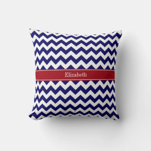 Navy Blue White Chevron Cranberry Name Monogram Cushion