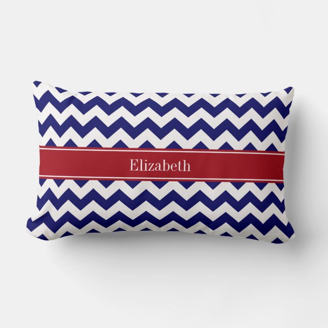 Navy Blue White Chevron Cranberry Name Monogram Lumbar Cushion (Front)