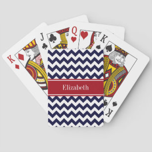 Navy Blue White Chevron Cranberry Name Monogram Playing Cards
