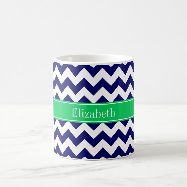 Navy Blue White Chevron Emerald Name Monogram Coffee Mug (Center)