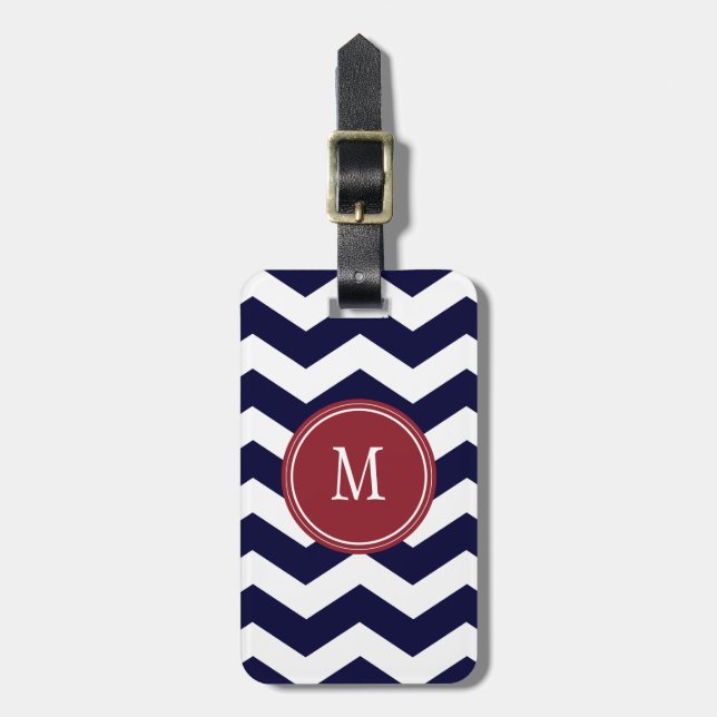 Navy Blue & White Chevron Monogram Luggage Tag (Front Vertical)