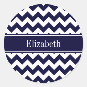 Navy Blue White Chevron Navy Name Monogram Classic Round Sticker