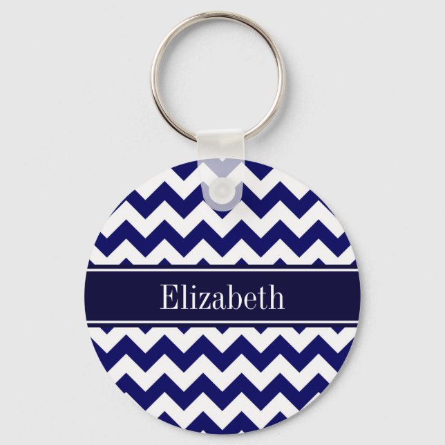 Navy Blue White Chevron Navy Name Monogram Key Ring (Front)