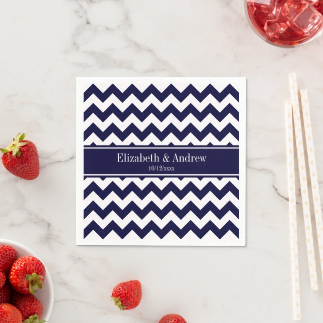 Navy Blue White Chevron Navy Name Monogram Napkin (Insitu)