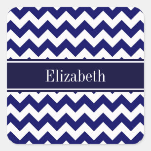 Navy Blue White Chevron Navy Name Monogram Square Sticker