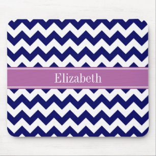 Navy Blue White Chevron Orchid Name Monogram Mouse Pad