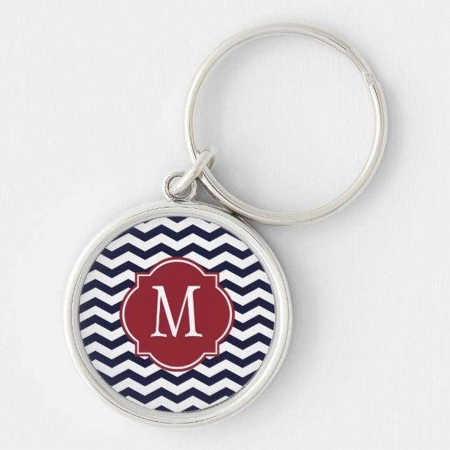 Navy Blue & White Chevron Pattern Key Ring (Front)
