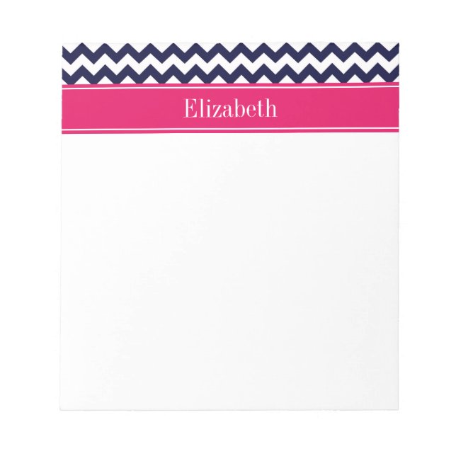 Navy Blue White Chevron Raspberry Name Monogram Notepad (Front)