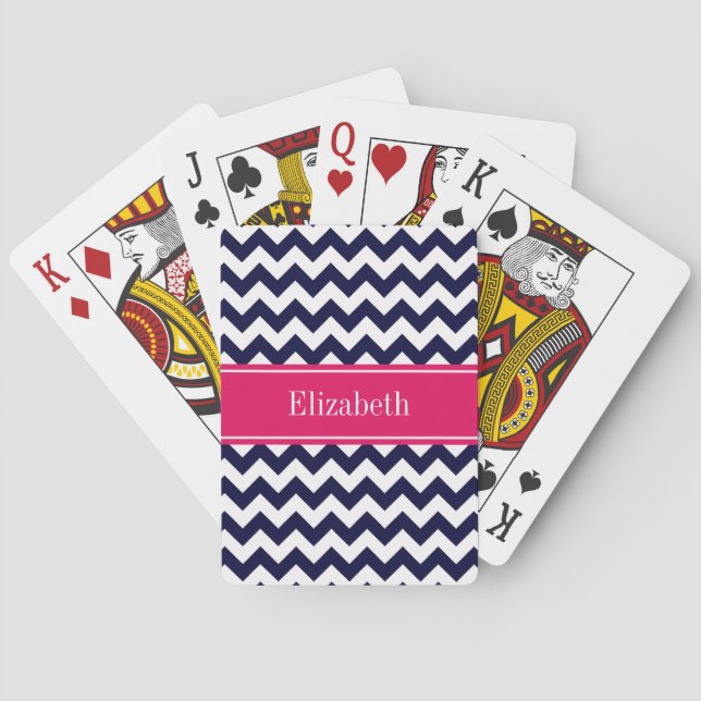 Navy Blue White Chevron Raspberry Name Monogram Playing Cards (Back)