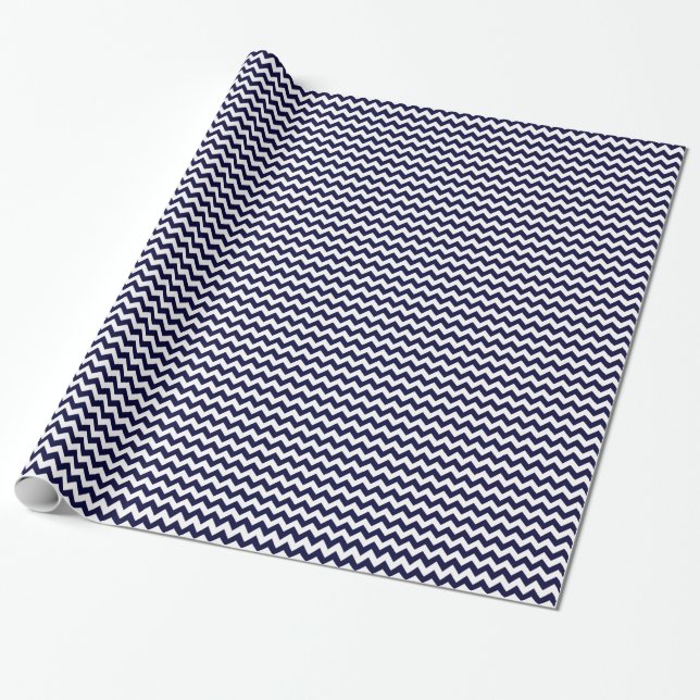 Navy Blue White Chevron Zig-Zag Pattern Wrapping Paper (Unrolled)
