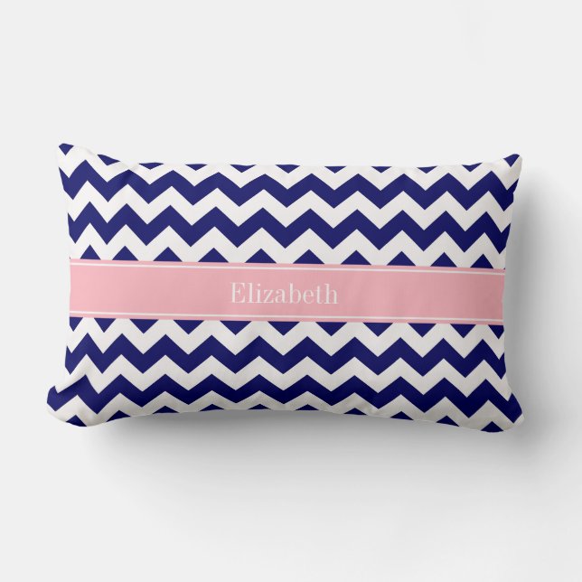 Navy Blue White Chevron Zig Zag Pink Name Monogram Lumbar Cushion (Front)