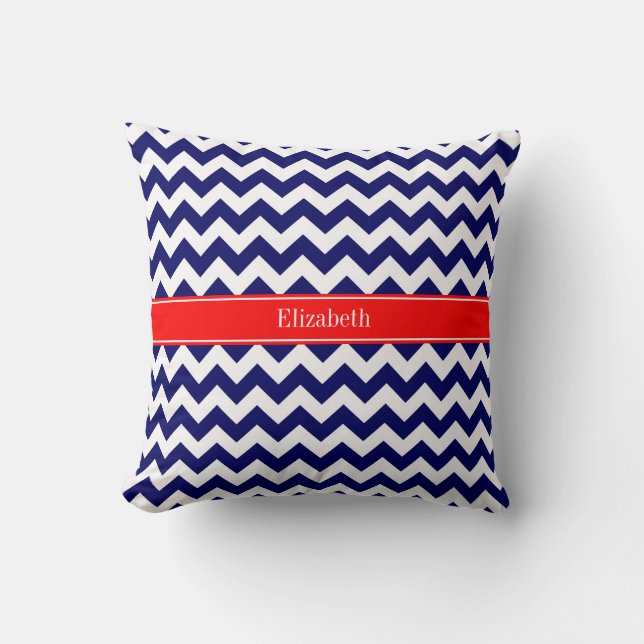 Navy Blue White Chevron Zig Zag Red Name Monogram Cushion (Front)