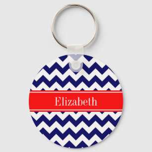 Navy Blue White Chevron Zig Zag Red Name Monogram Key Ring