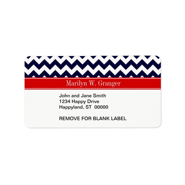 Navy Blue White Chevron Zig Zag Red Name Monogram Label (Front)