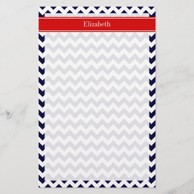 Navy Blue White Chevron Zig Zag Red Name Monogram Stationery (Front)