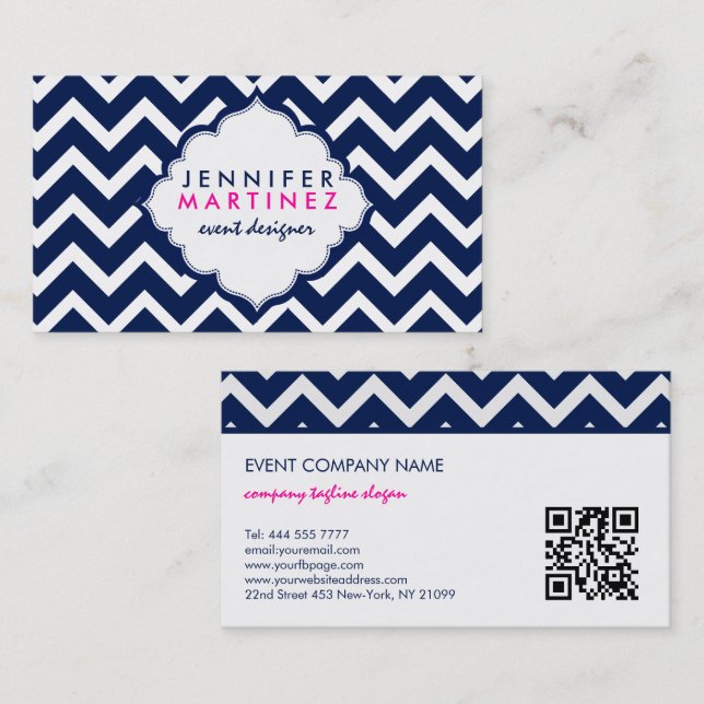 Navy Blue & White Chevron Zigzag Pattern Business Card (Front/Back)