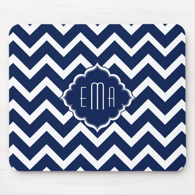 Navy Blue & White Chevron Zigzag Pattern Mouse Pad (Front)