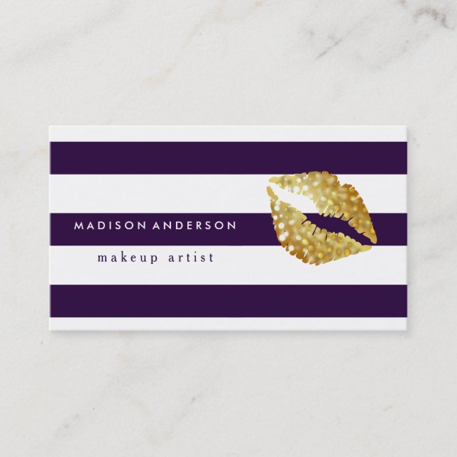 Navy Blue & White Chic Gold Lips - Makeup Artist Business Card (Front)
