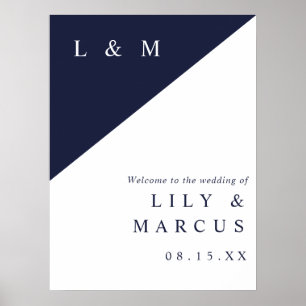 Navy Blue White Chic Monogram Wedding Welcome Sign
