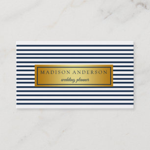 Navy Blue & White Chic Stripes in Gold Business Ca Business Card