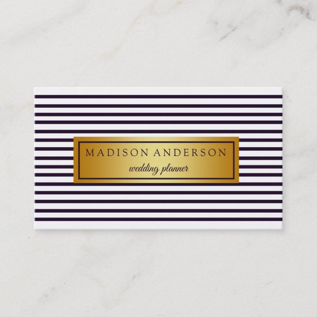 Navy Blue & White Chic Stripes in Gold Business Ca Business Card (Front)