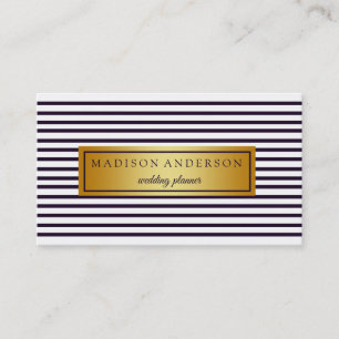 Navy Blue & White Chic Stripes in Gold Business Ca Card