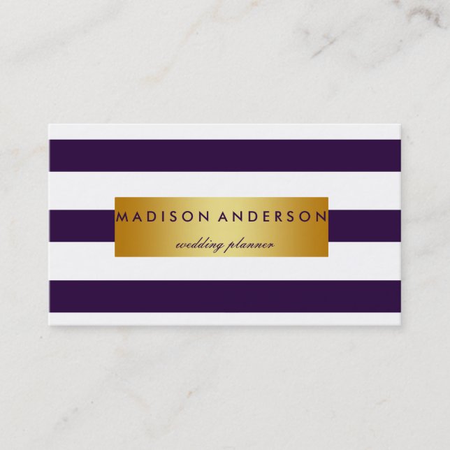 Navy Blue & White Chic Stripes in Gold Business Card (Front)