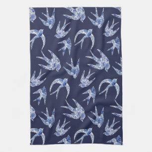 Navy Blue White Chinoiserie Chic Bird Mosaic Tile Tea Towel