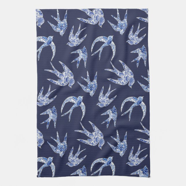 Navy Blue White Chinoiserie Chic Bird Mosaic Tile Tea Towel (Vertical)