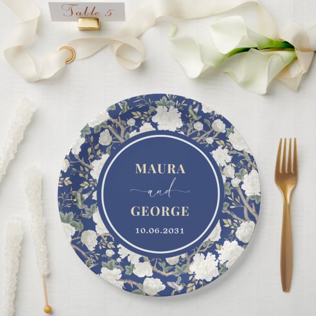 Navy Blue White Chinoiserie Floral Birds Wedding Paper Plate (Wedding)
