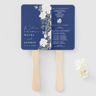 Navy blue White Chinoiserie Floral Wedding Program Hand Fan