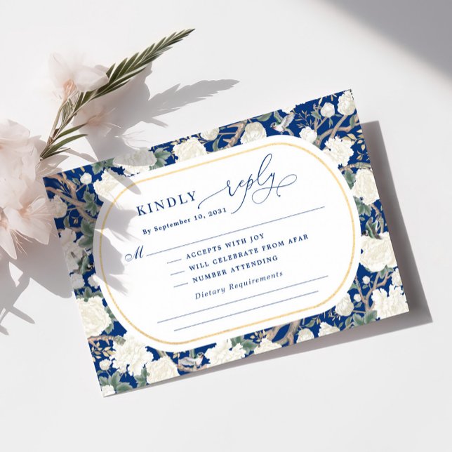 Navy Blue White Chinoiserie Floral Wedding RSVP Card (Creator Uploaded)