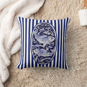Navy Blue & White Chinoiserie Koi Fish Pond Stripe Cushion