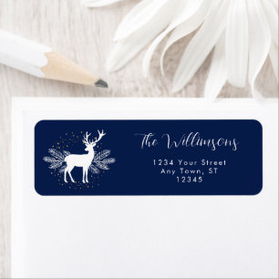 Navy Blue White Christmas Deer Evergreen Scandi Return Address Label